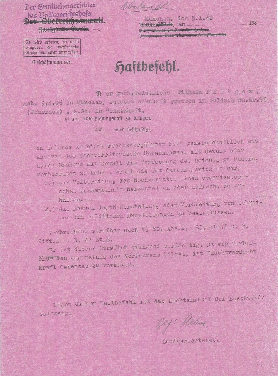 Haftbefehl Wilhelm Pflüger