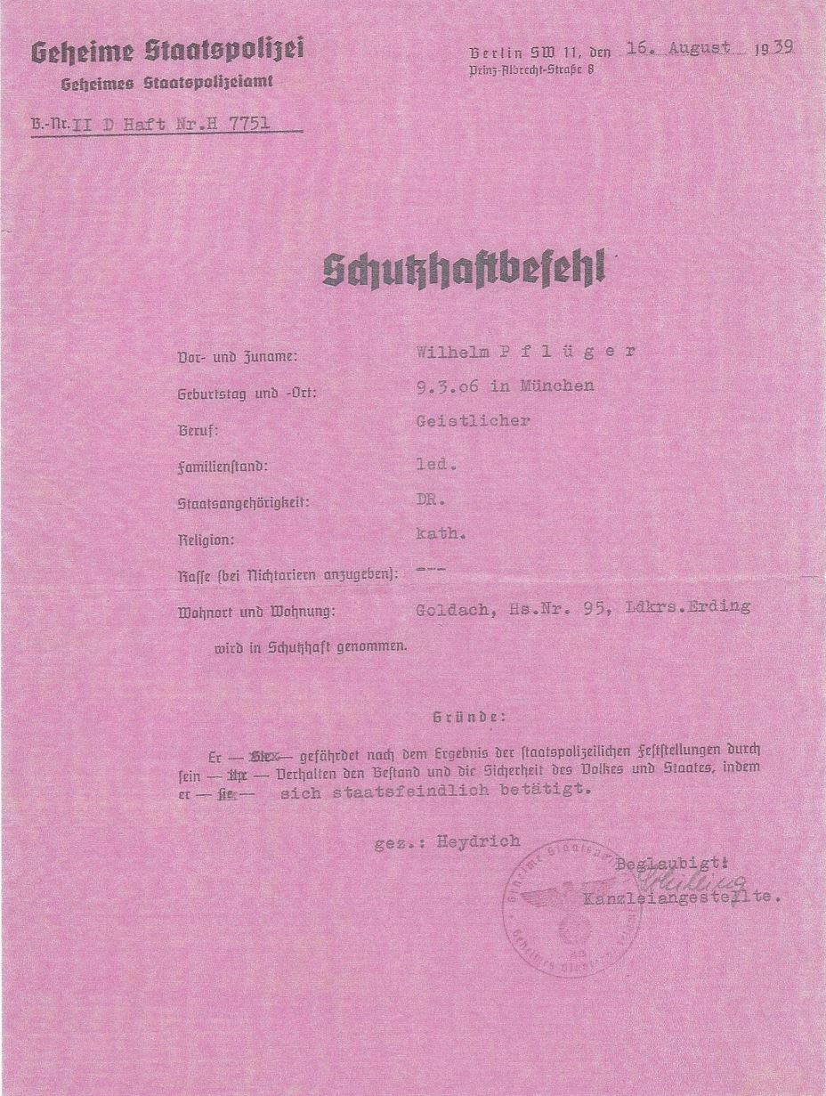 Schutzhaftbefehl Wilhelm Pflüger