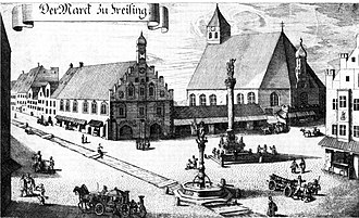 Mariensäule in Freising auf dem Schrannenplatz, jetzt Marienplatz Mariensäule in Freising auf dem Schrannenplatz, jetzt Marienplatz