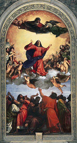 Tizian Tiziano: Himmelfahrt Mariens 1518 bekannt als Assunta =„die Aufgenommene“ Das Original hängt in Santa Maria Gloriosa dei Frari in Venedi Tizian Tiziano: Himmelfahrt Mariens 1518 bekannt als Assunta =„die Aufgenommene“ Das Original hängt in Santa Maria Gloriosa dei Frari in Venedi